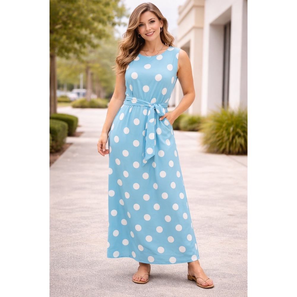 Anne Klein Blue White Polka Dot Maxi‎ Dress XL Sleeveless Tie Waist Pockets